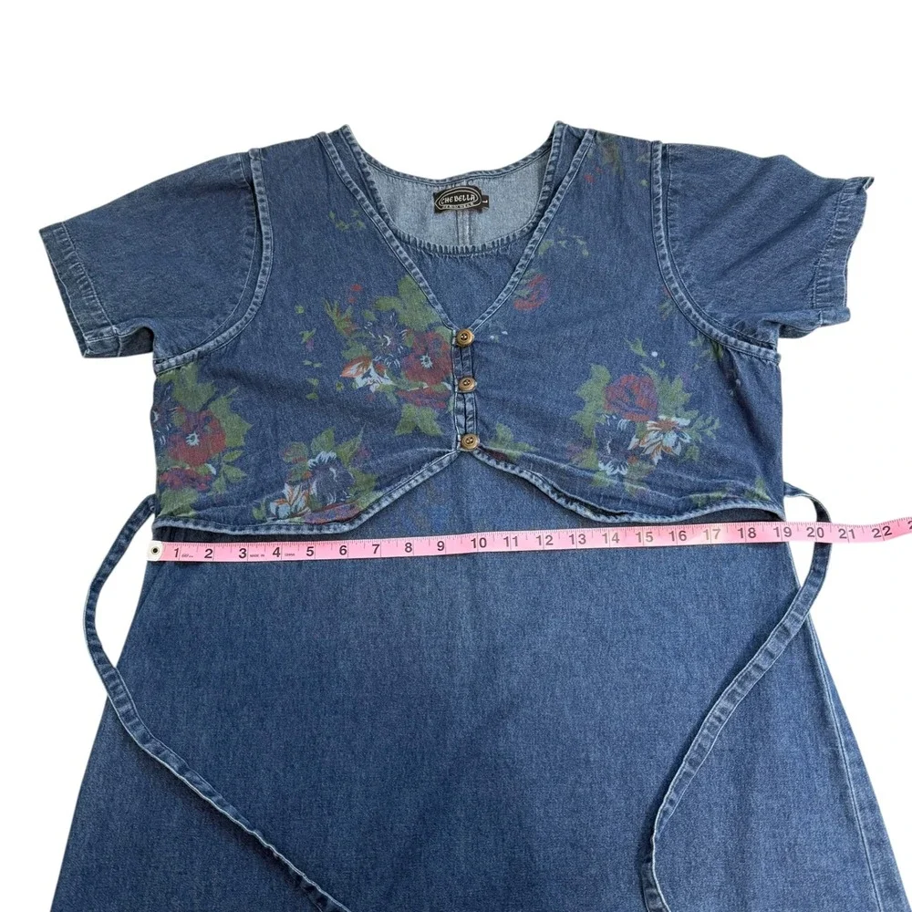 Vintage | Che Bella | Denim Floral Layered Maxi Dress Blue Medium Wash Size L - Picture 13 of 16